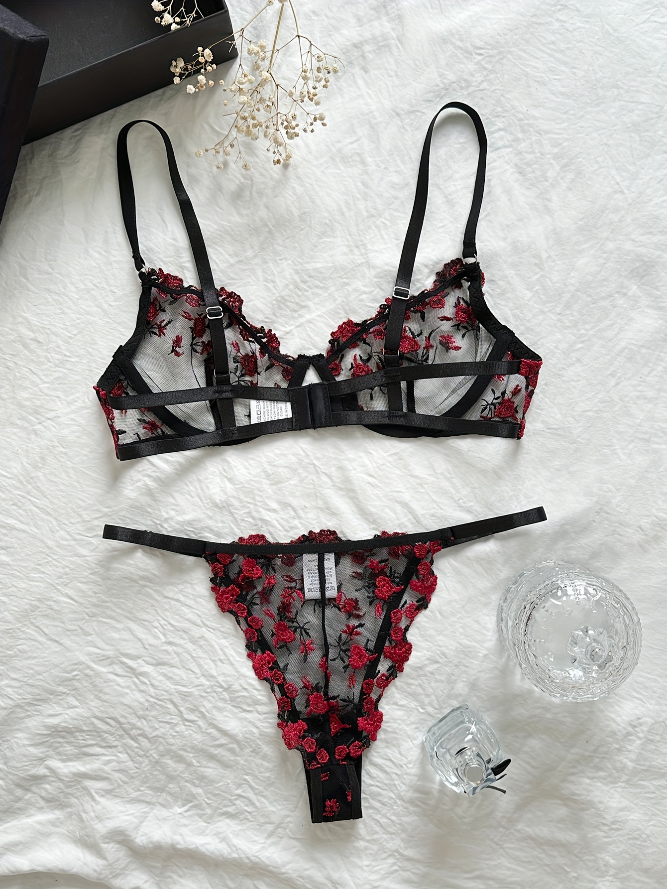  Bolayu Floral Embroidered Mesh Lingerie Set Women's