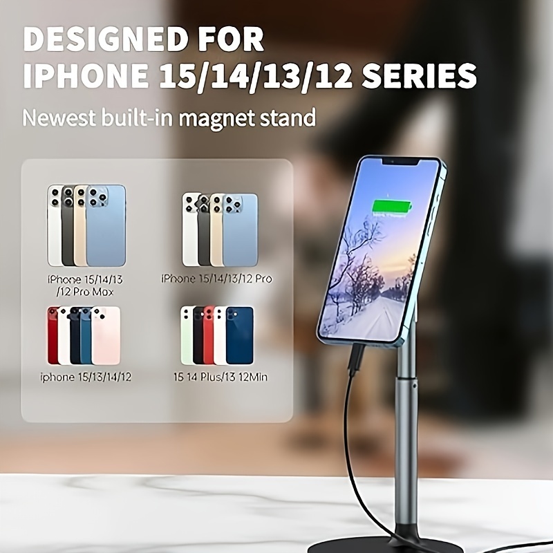Soporte magnético para teléfono de escritorio para iPhone 15/14/13/12 -  Soporte de teléfono con rotación de 360°, altura e inclinación ajustable  para
