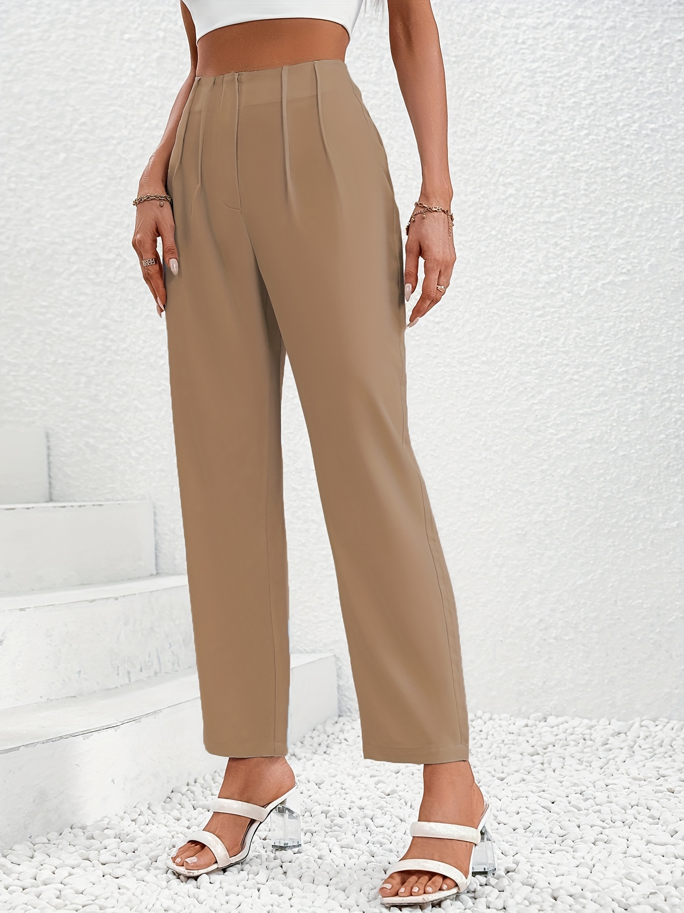 Ruched Wide Leg Pants, Elegant High Waist Solid Work Office Pants, Women's  Clothing