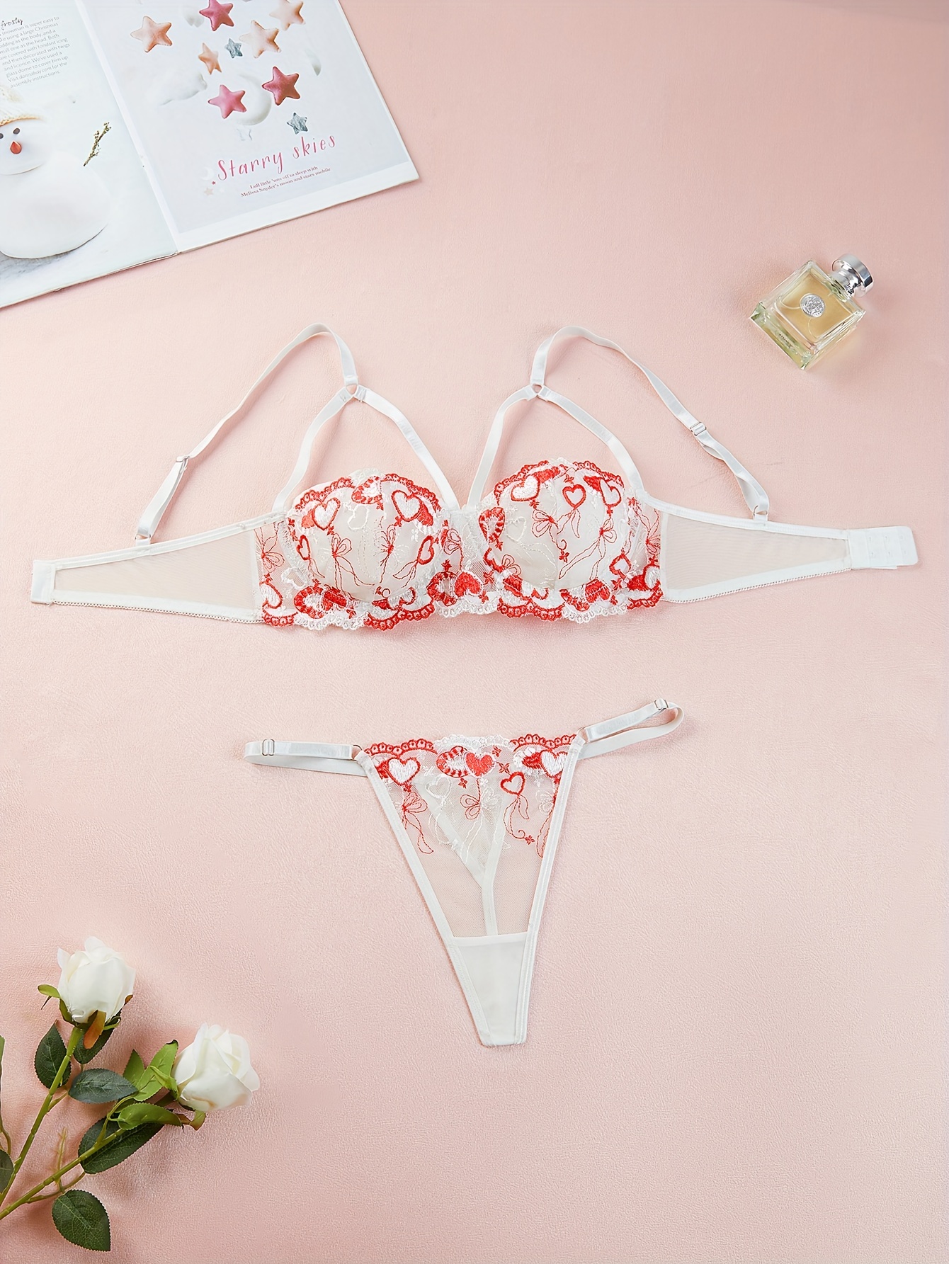 Wholesale women's sexy heart shape bow knot sexy lingerie sets party  embroidery underwire bra sheer bra low waist thong sexy lingerie -  Nihaojewelry