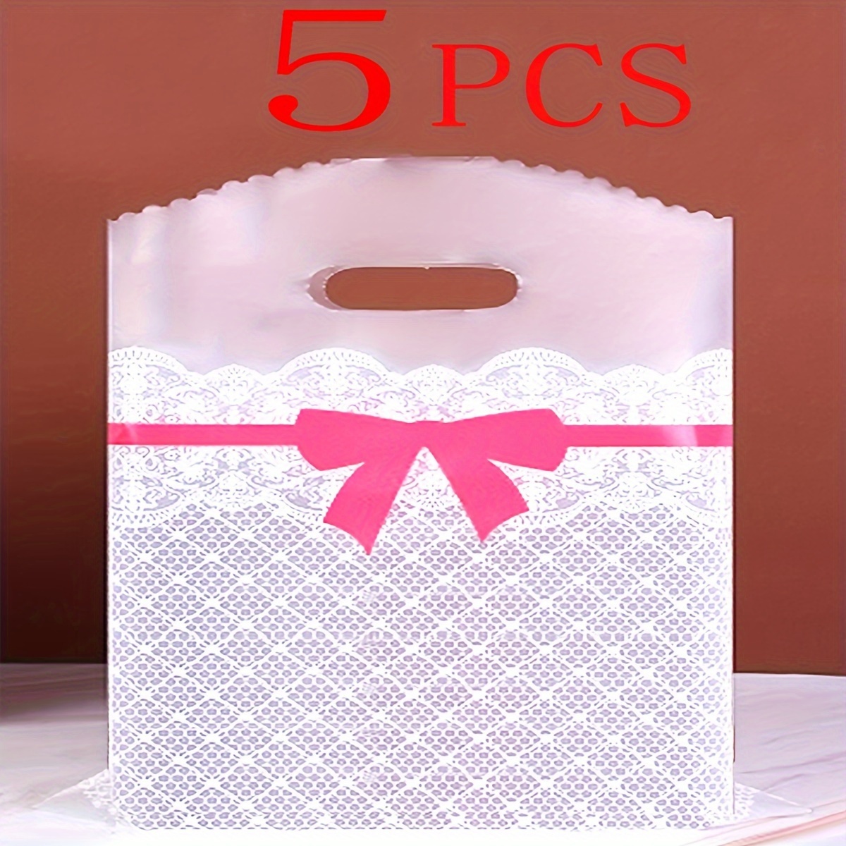 E-shop 5-teiliges Set Elegante Geschenktüten mit Spitze & Schleifen-Design – Klare Plastiktüten mit Blumen- Herzmustern, für Schmuck, Ideal für