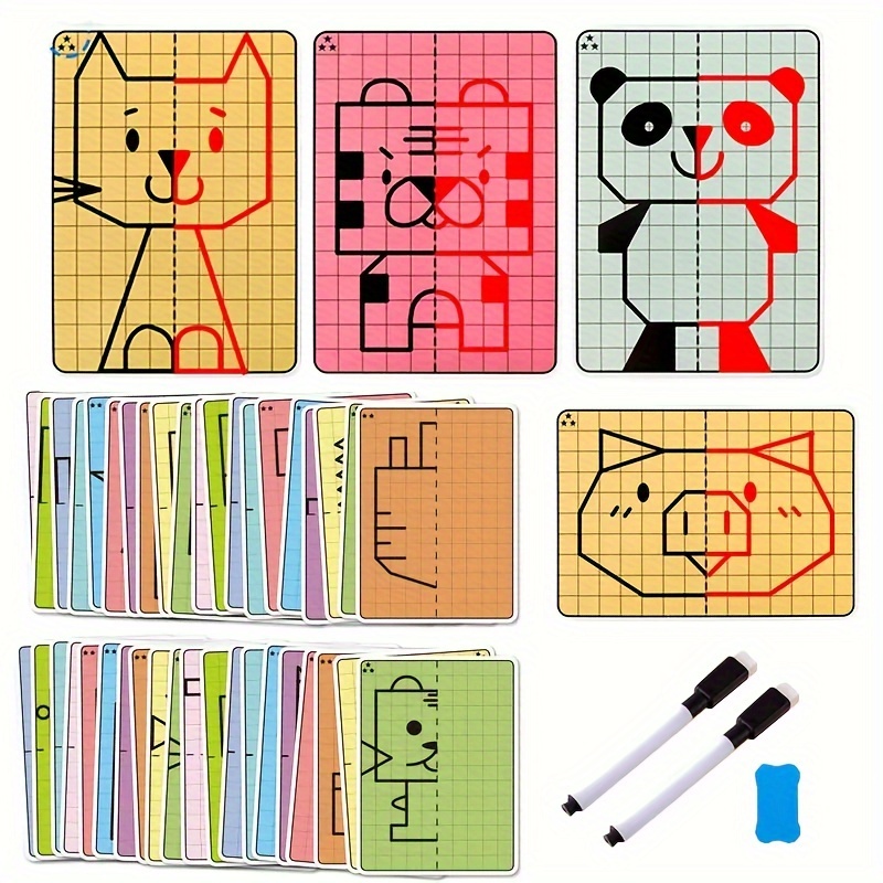 

20 Patterns Cute Cartoon Lattice Symmetrical Drawing Graphics Puzzle Toys. Creative Concentration Train Tracing Painting Cards Student Teaching Aids Wipe Pen Control Toy