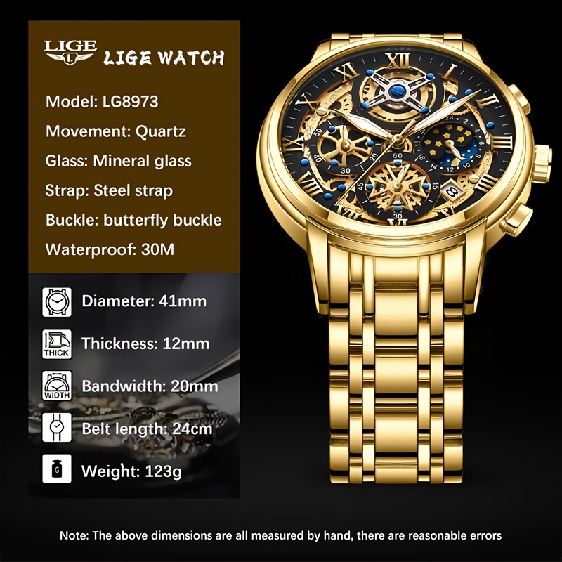 Lige Quartz Watch For Men Golden Black Men's Watches Top - Temu