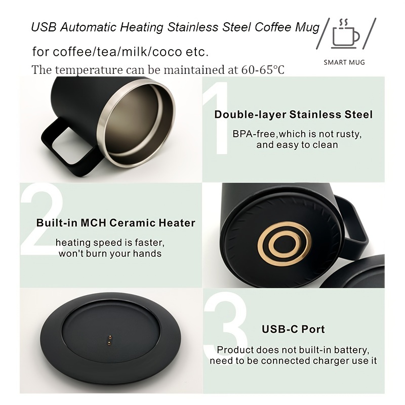 Stainless Steel Mug Warmer With Lid - Usb Powered, Self Heating Coffee Mug  For Office And Home - Perfect Coffee Gift - Temu Spain