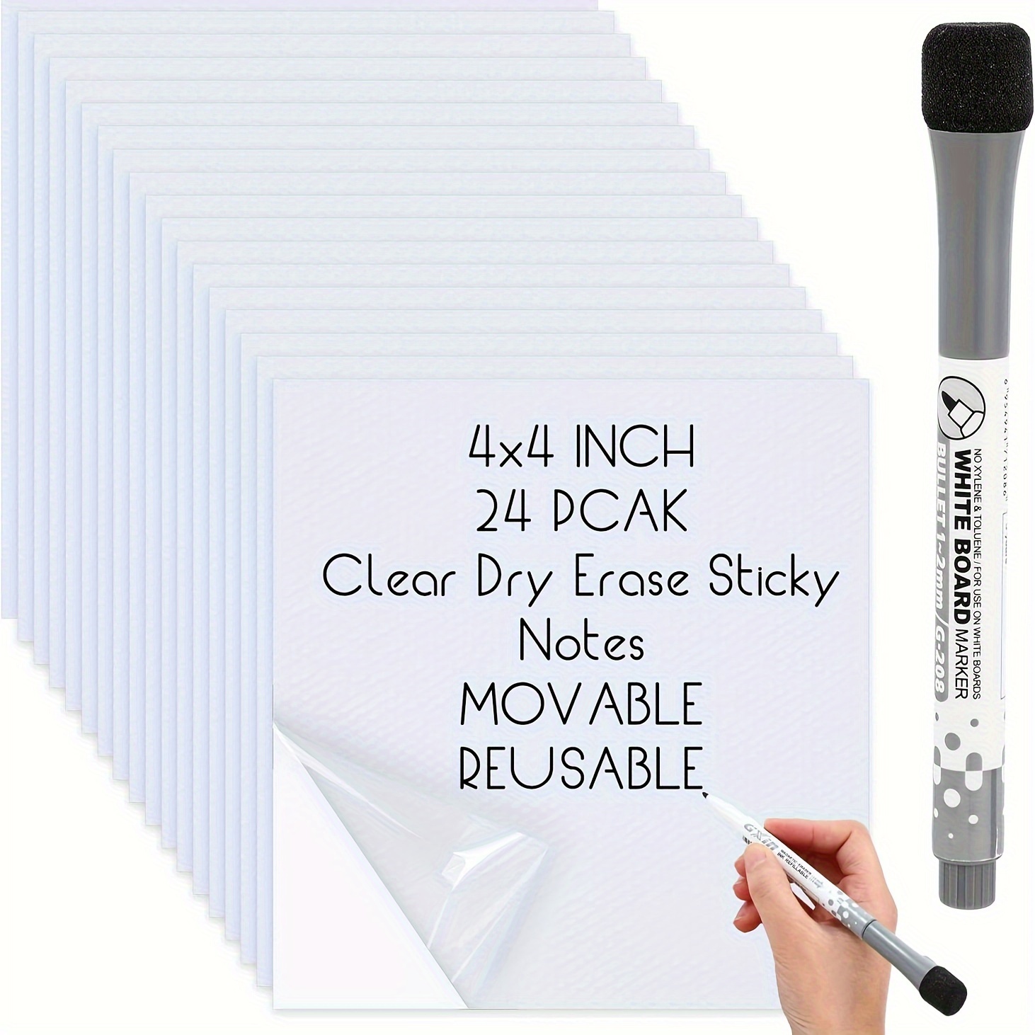 Reusable Dry Erase Sticky Notes - 6 Pack of 4x4 Multi Color Post It Notes  - Small White Board Dry Erase Stickers - 2 Magnetic Whiteboard Markers