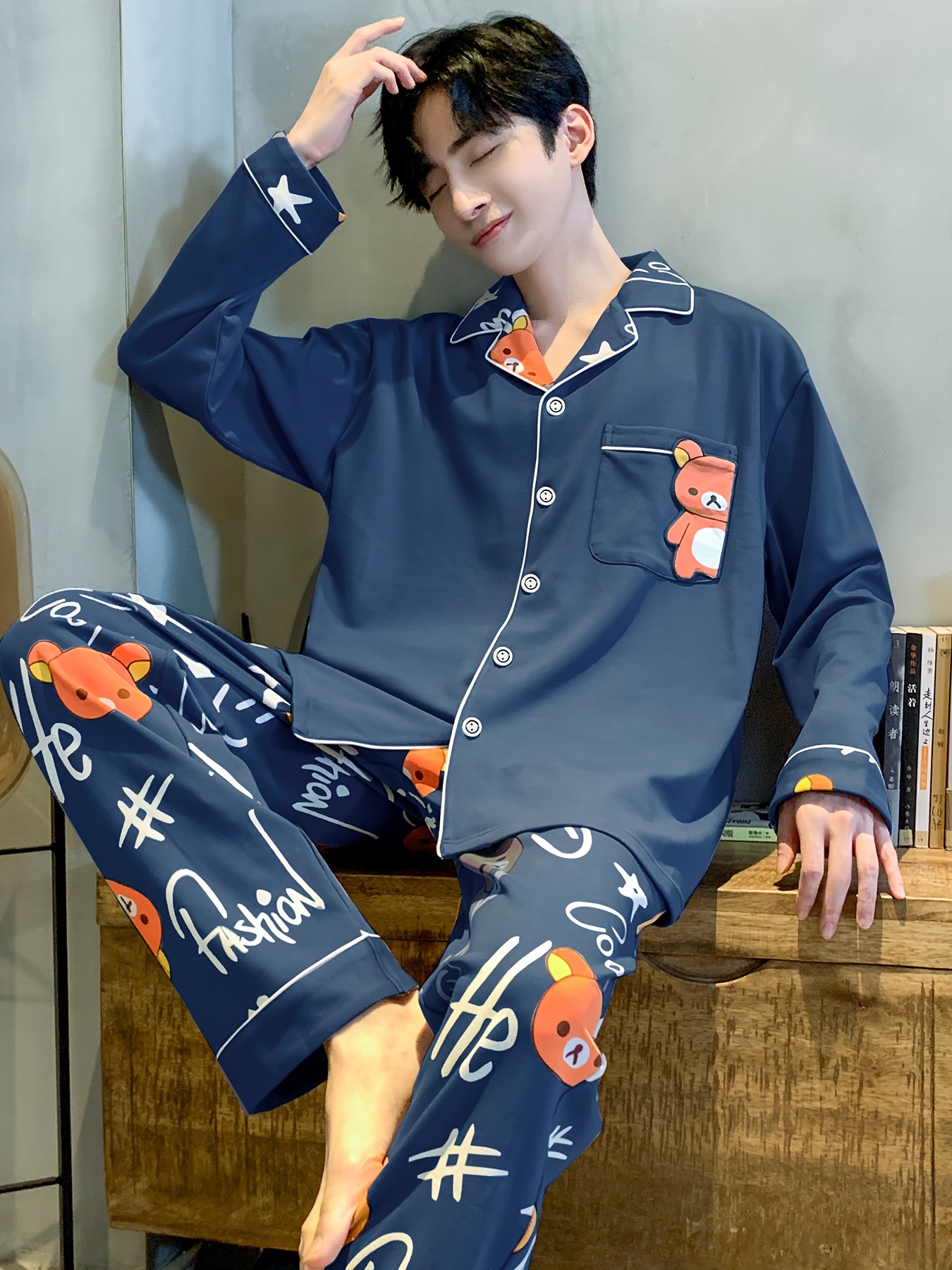 Men's Casual Pajamas Sets Cartoon Bear Long Sleeve Lapel - Temu