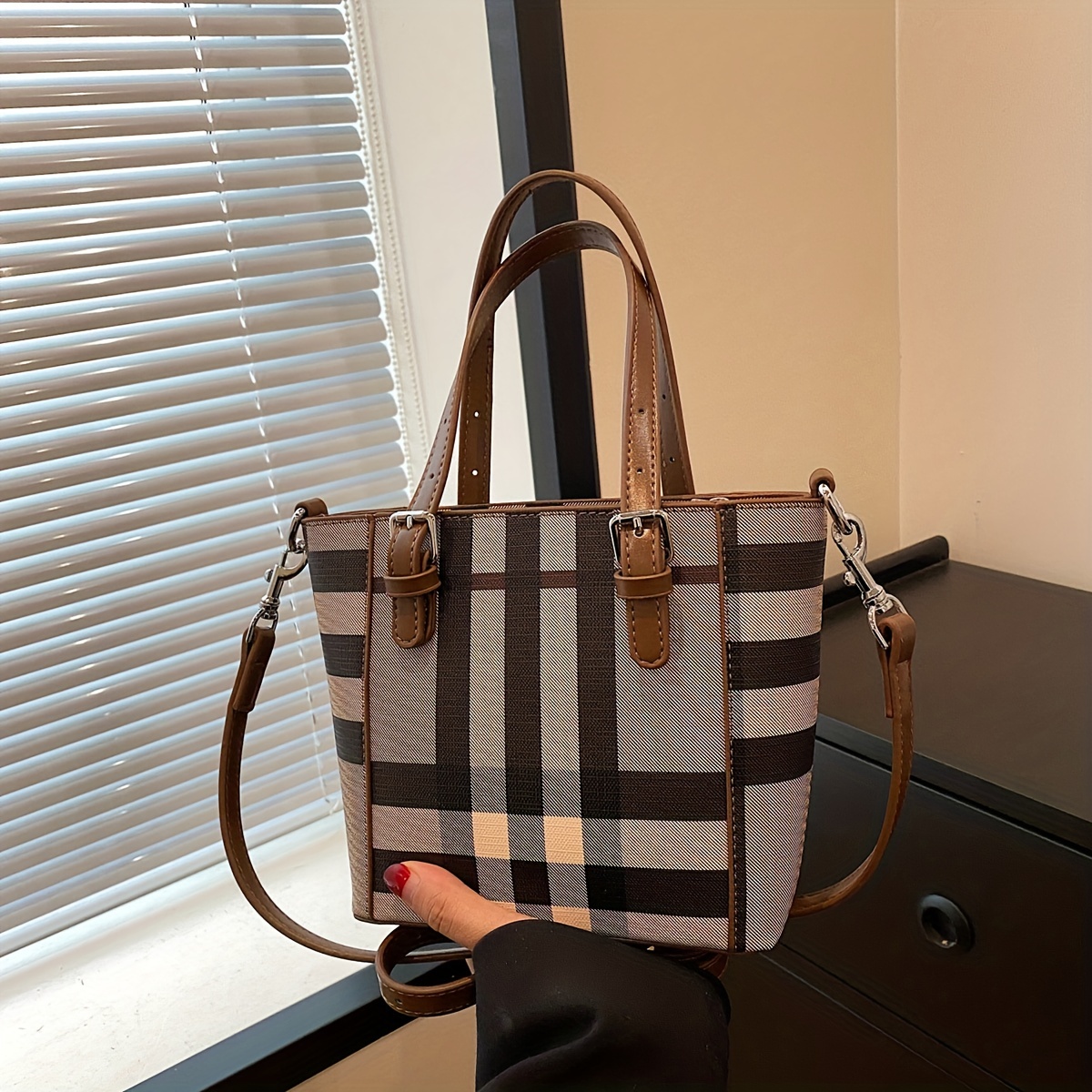 Luxury Checkered Handbag For Women, Fashion Colorblock Crossbody