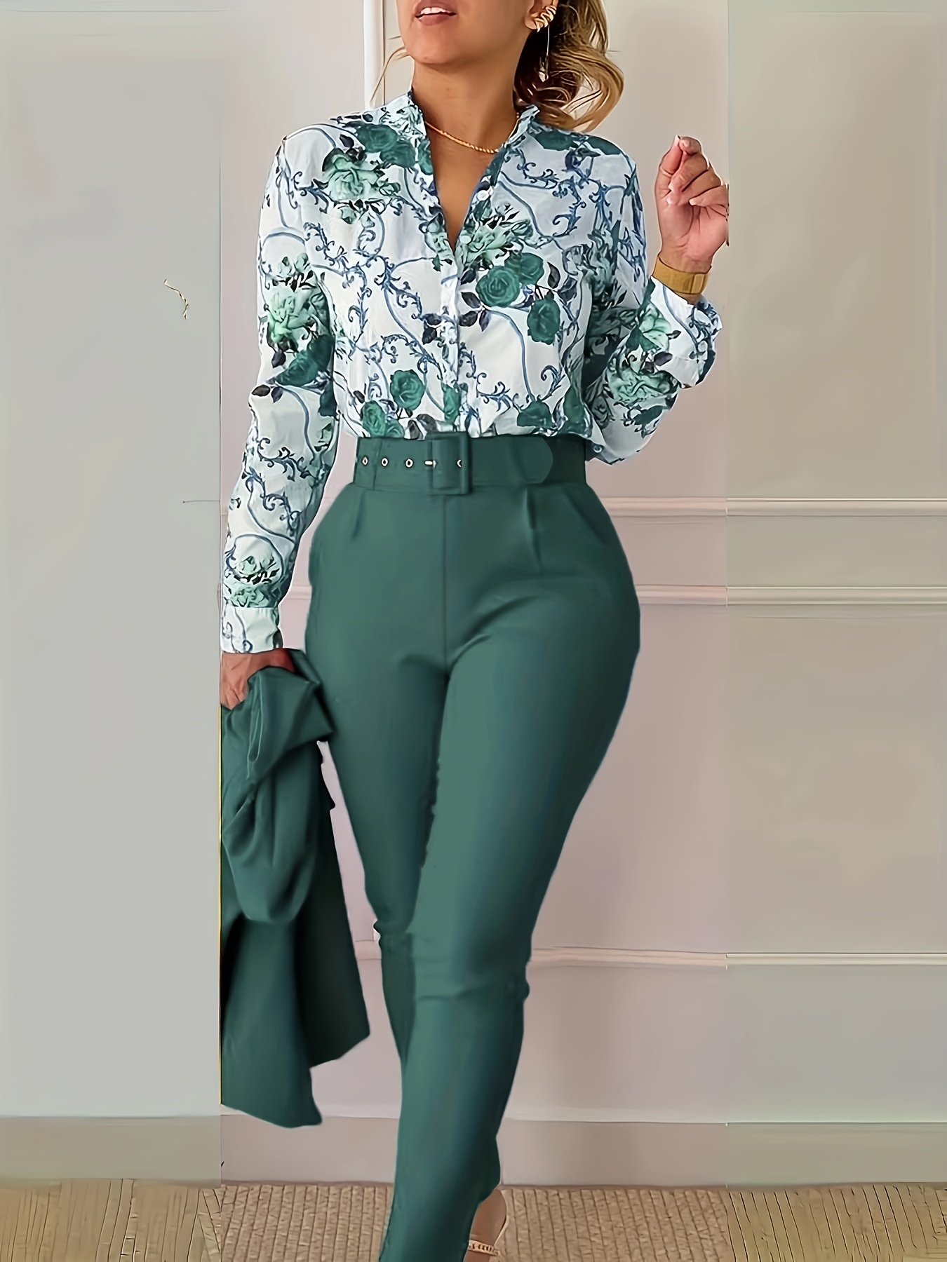 Floral Print Two piece Set Crew Neck Long Sleeve Top Wide - Temu