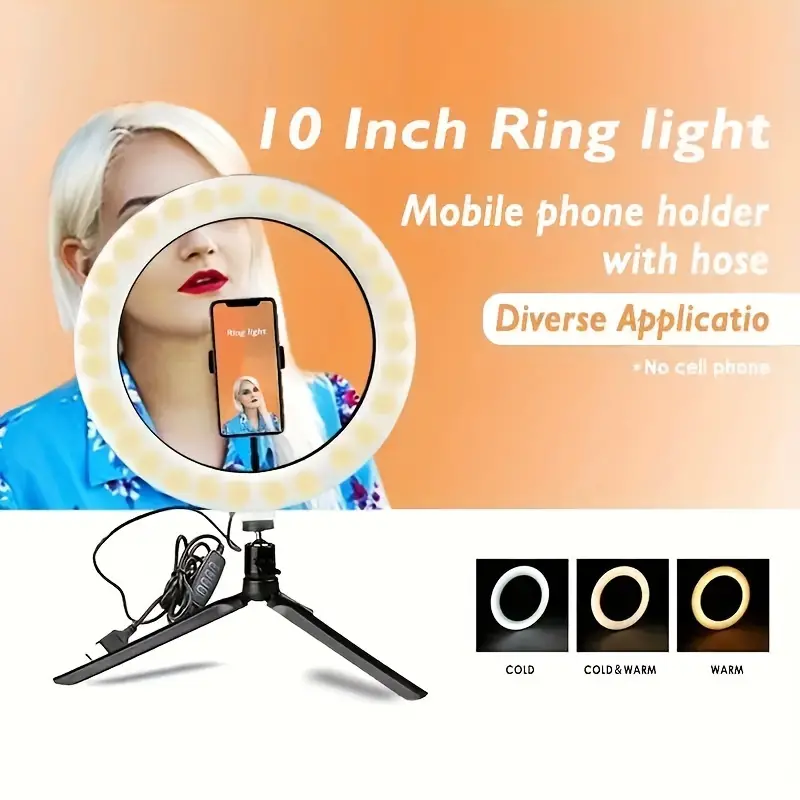1pc 10 led ring fill light with tripod and phone holder dimmable phone stand for youtube video photography selfie vlog makeup live streaming details 1