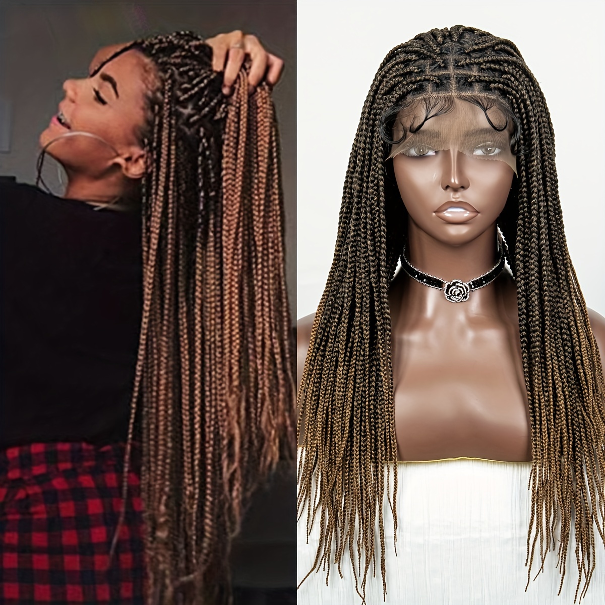 Ombre Brown Full Lace Braided Wigs Synthetic Box Braided Wigs For Women  Synthetic Twist Braids Wigs With Baby Hair