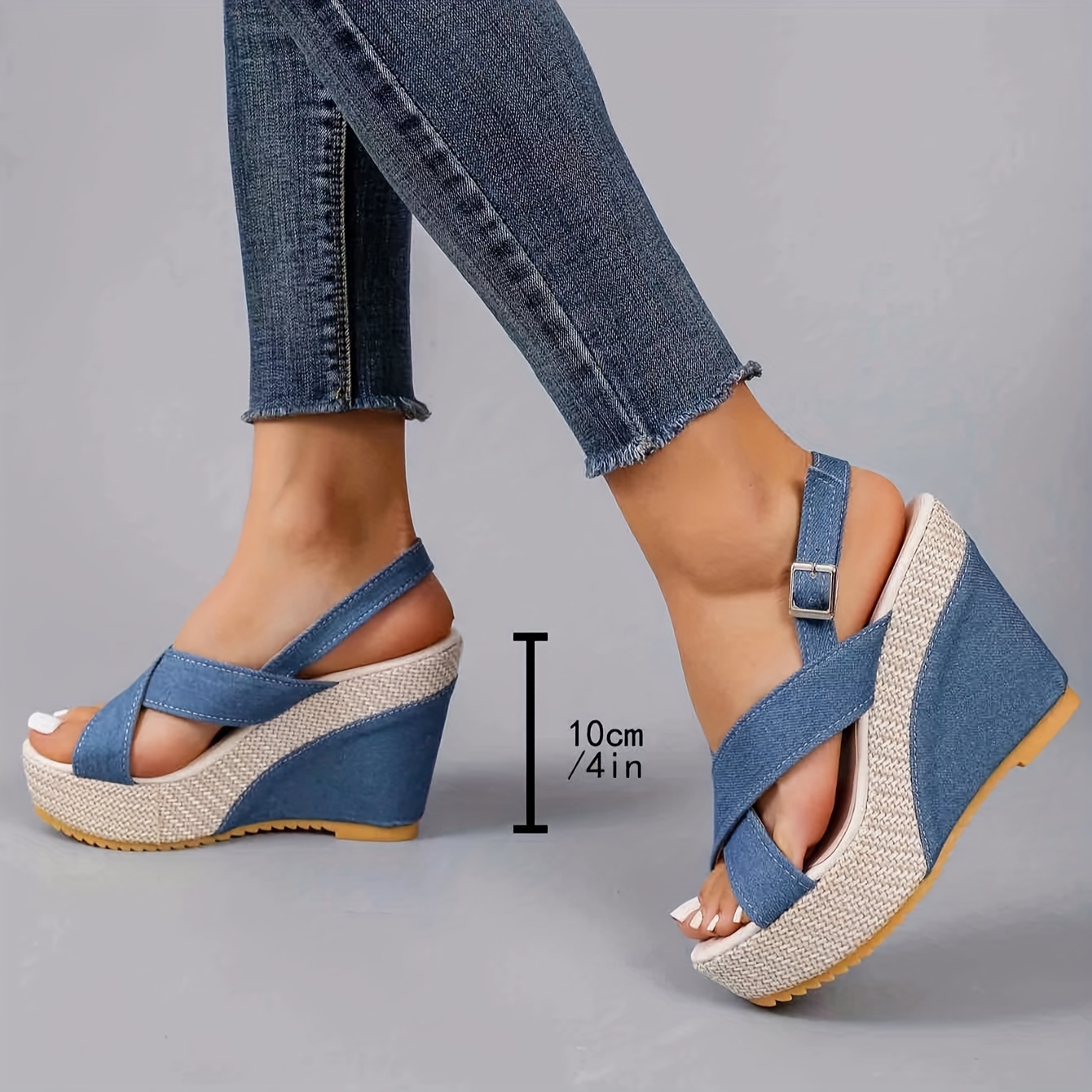 women s denim wedge sandals crisscross peep toe buckle strap details 2