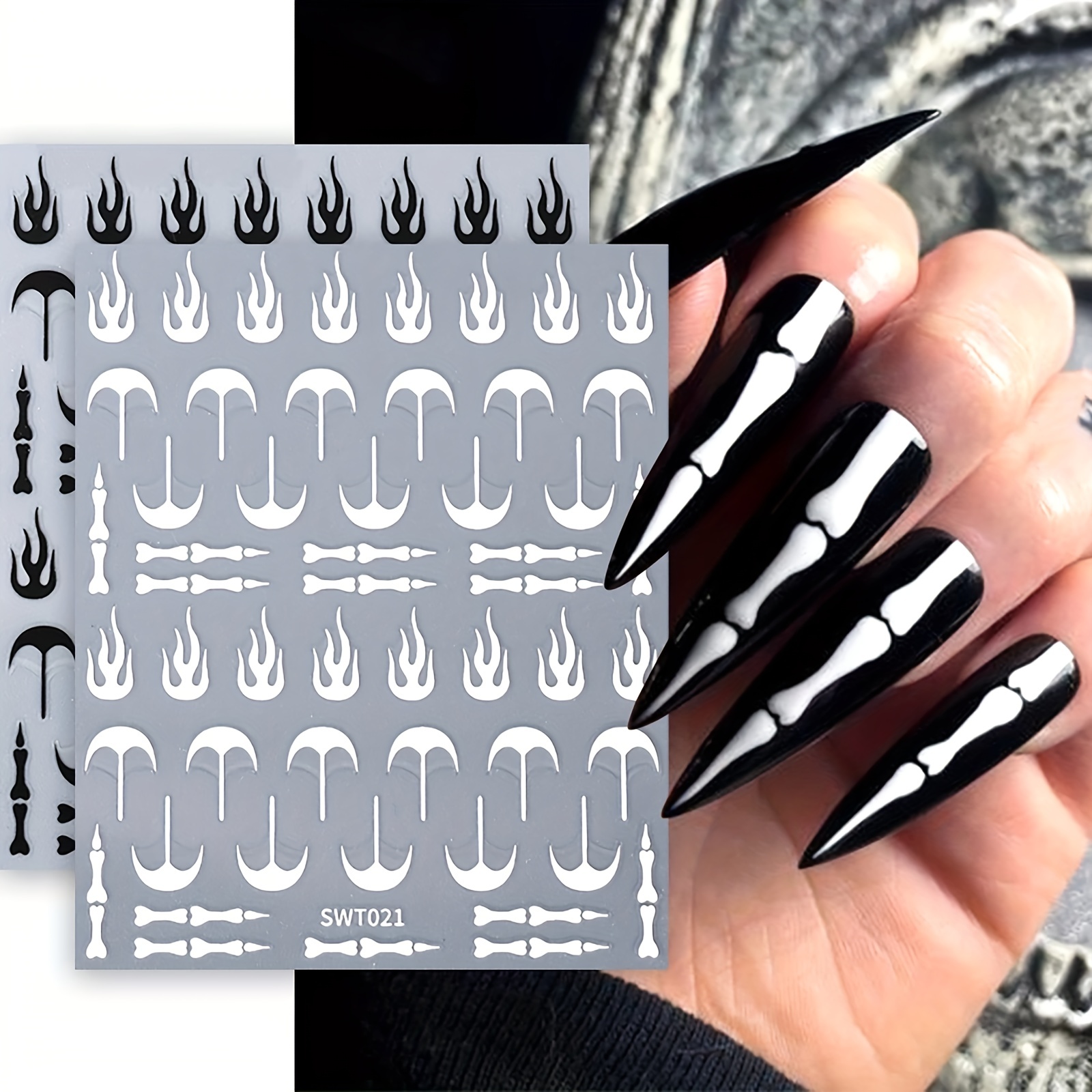 7pcs Gothic Nail Stickers Decals, Mixed Color White Black Silver Alphabet  Old English Character Nail Sliders DIY Art Manicure Decoration Set