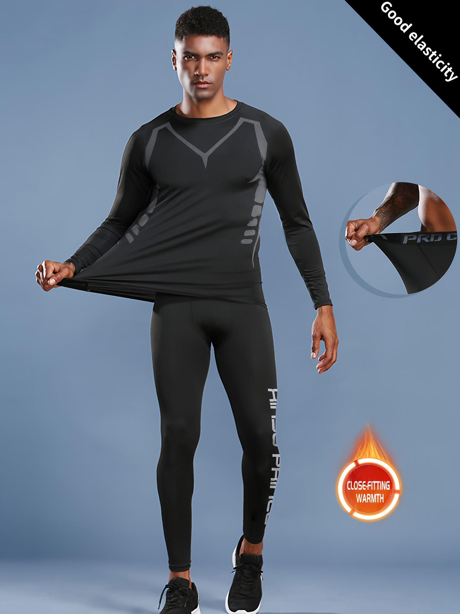 Men's Fitness Compression Suit, Long Sleeve Skinny Fit T-shirt And Leggings  With Letter Pattern For Winter For Running Gym Athletics