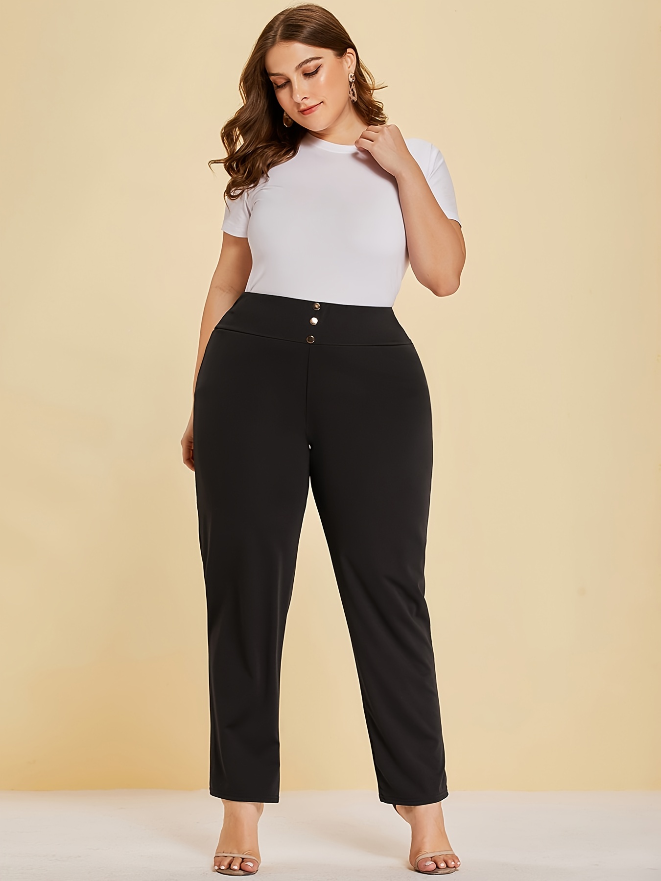 Plus Size Elegant Pants Women's Plus Plain High Button - Temu Canada