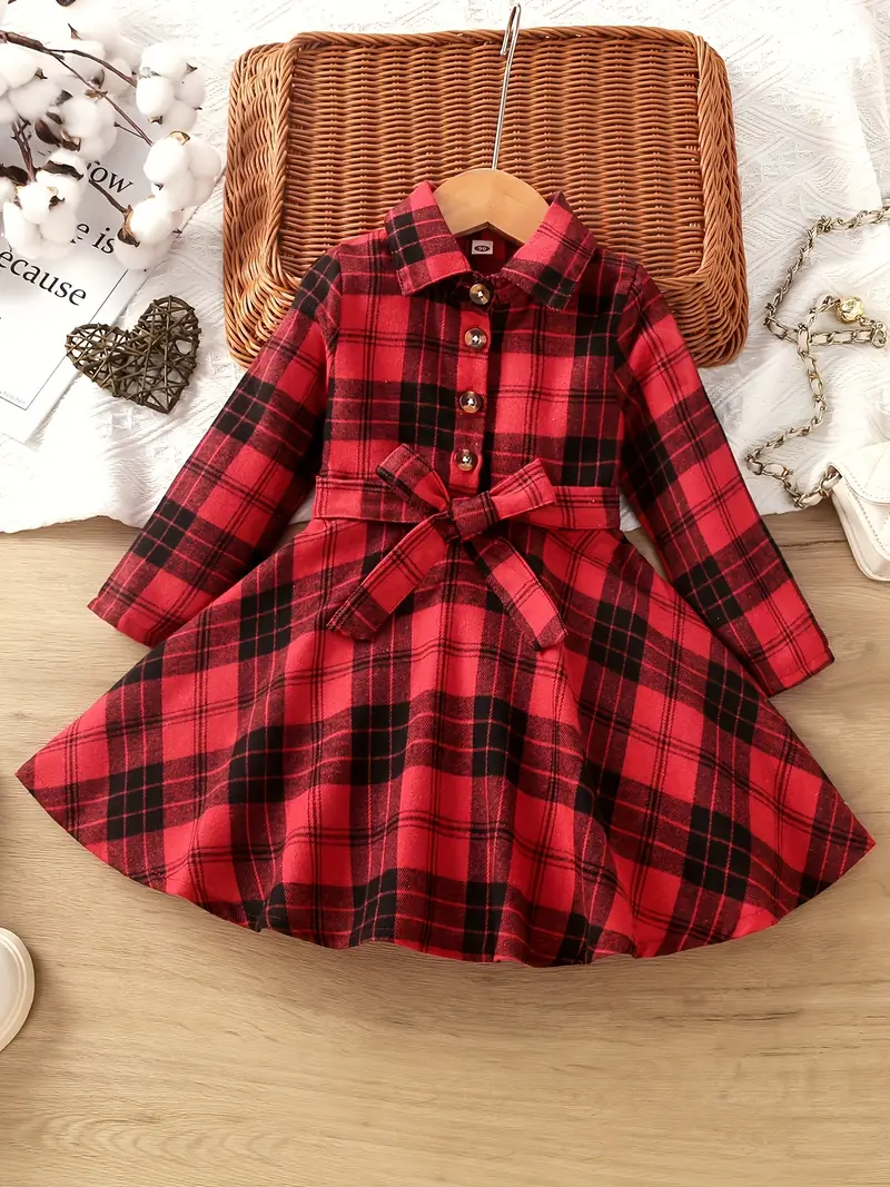 girls classic plaid dress with bowknot belt collar long sleeves dress for spring autumn details 11