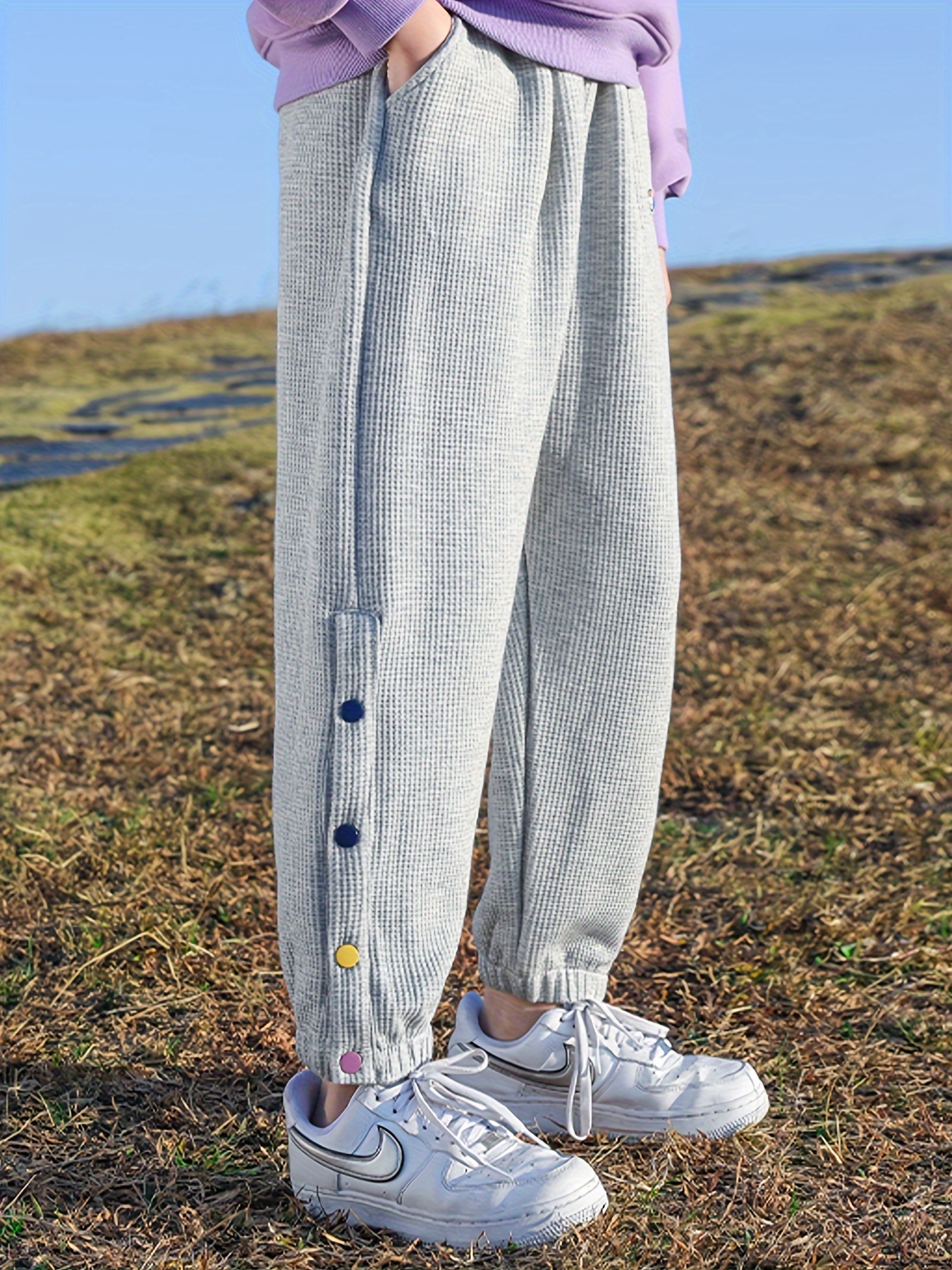 Kids Girls Colorful Buttons Design Knit Cotton Sweatpants - Temu