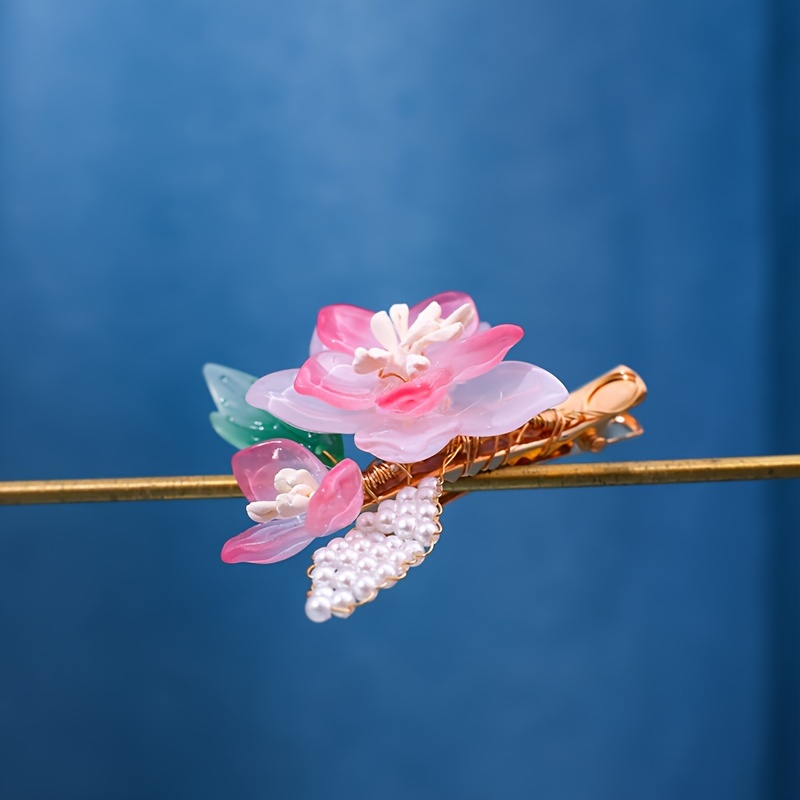 1 Paio Di Fermagli Per Capelli Fatti A Mano Con Splendidi Fiori Rosa,  Fermagli Per Capelli Per Ragazze In Stile Cinese Con Fiori Di Ciliegio