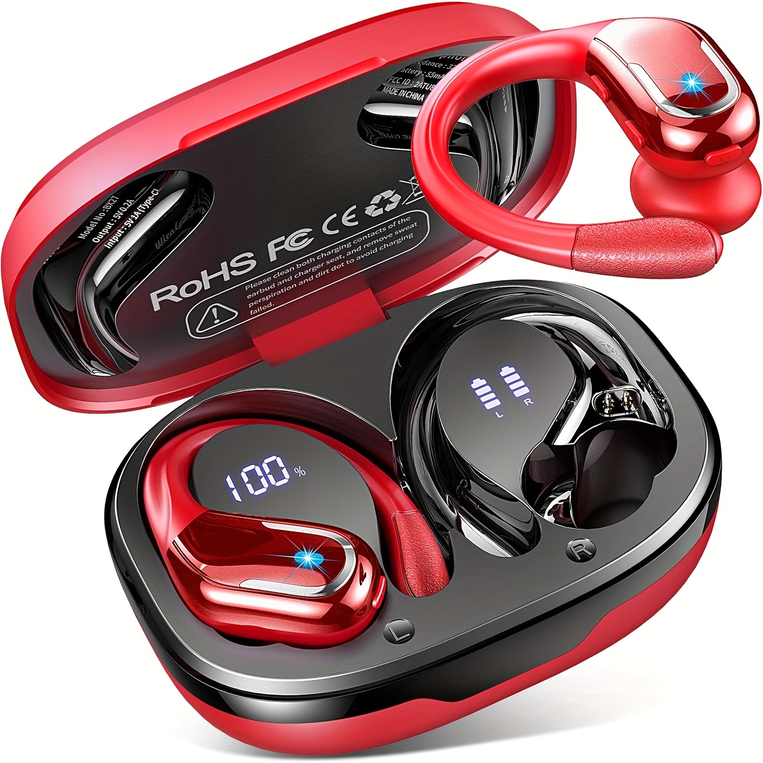 

Wireless Earbuds, Wireless 5.3 Headphones With 4 Enc Noise Cancelling Mic, Wireless Headphones In Ear Stereo Sound Deep Bass, 2024 Earphones Led Display For Running, Red