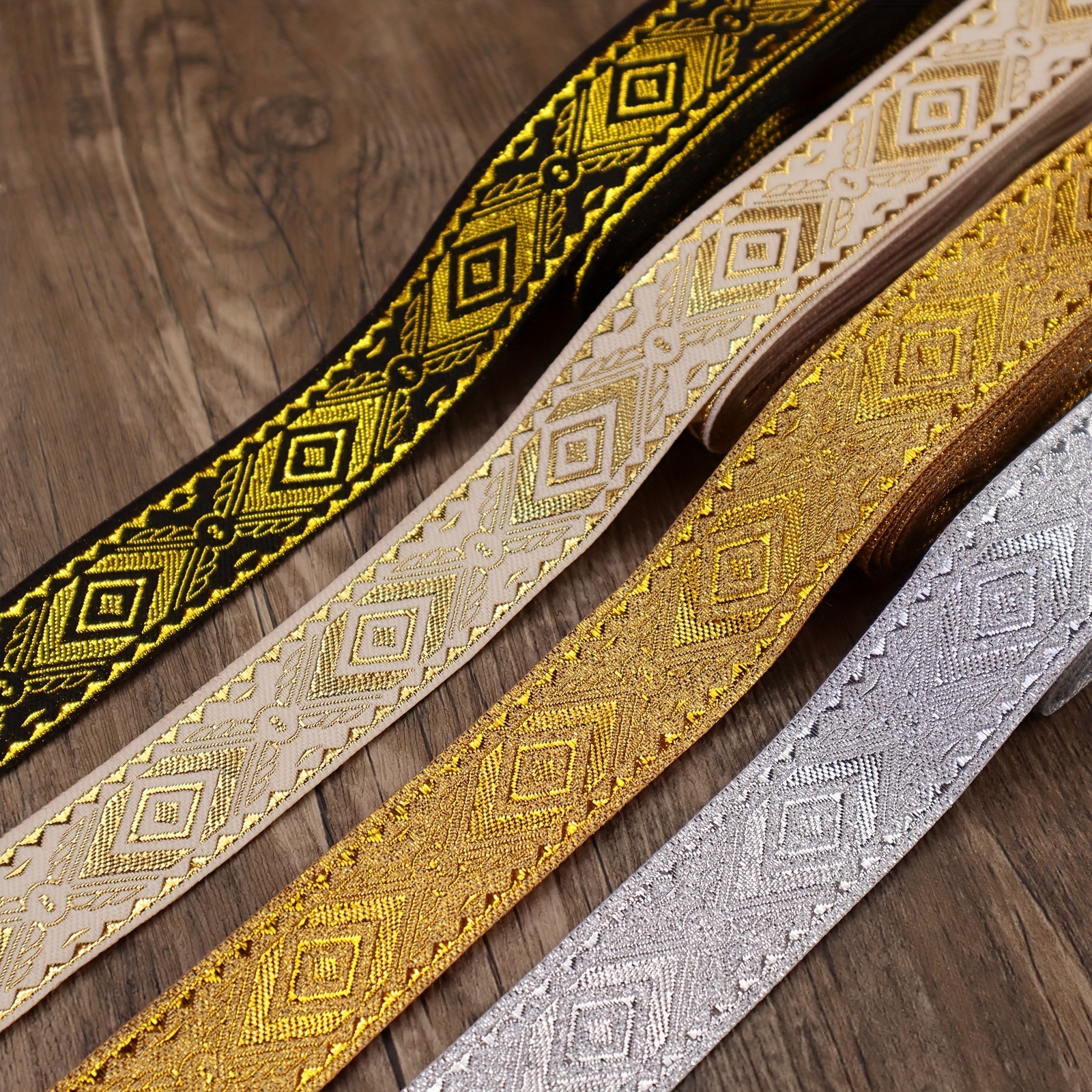 50mm Wide Boho Jacquard Ribbon Embroidery Jacquard Trim 7m Long Black Gold  Ethnic Ribbon Embroidery Polyester Ribbons for Sewing