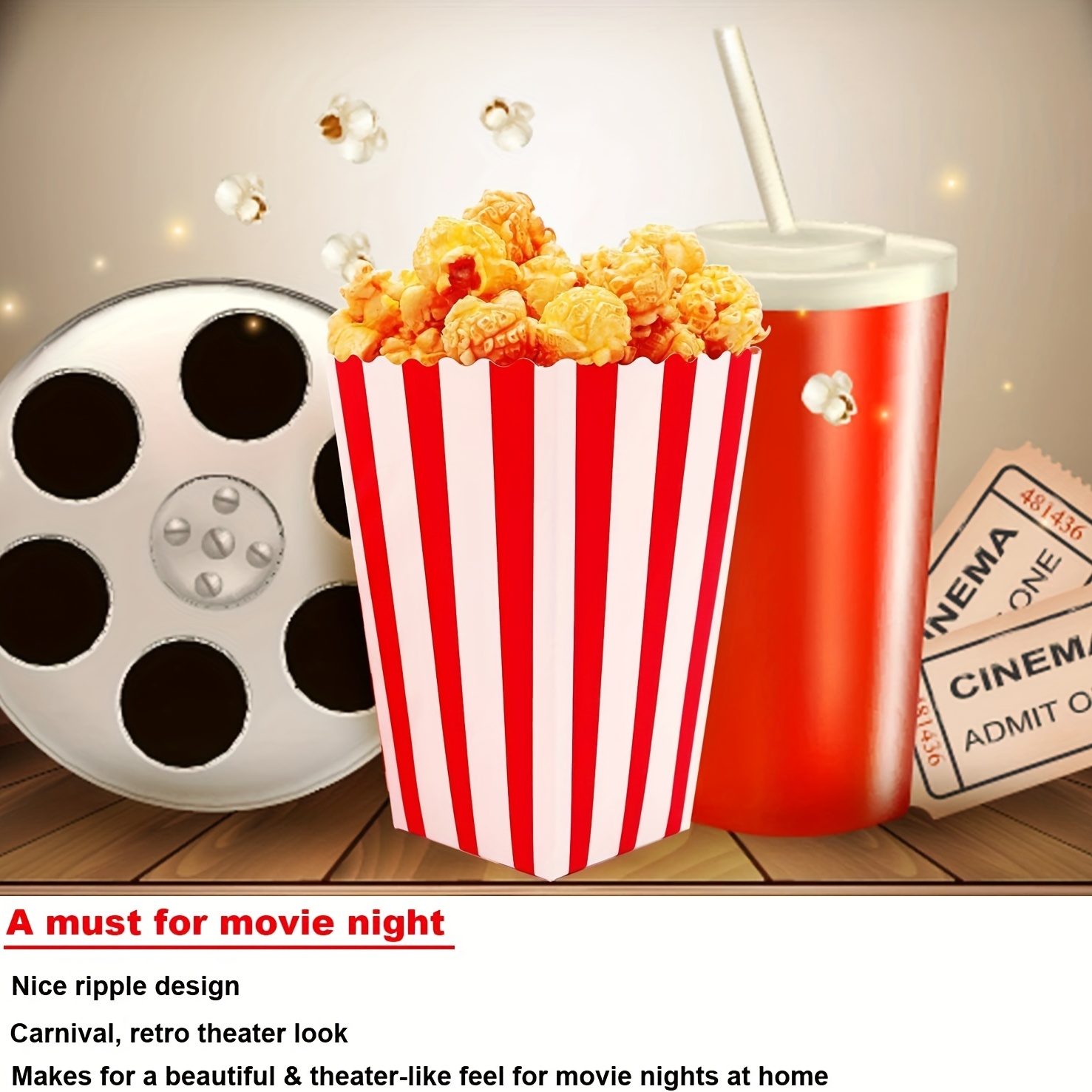GSM Brands Cajas de contenedores de palomitas de maíz (paquete de 100) –  papel blanco y rojo a rayas – para cine en casa