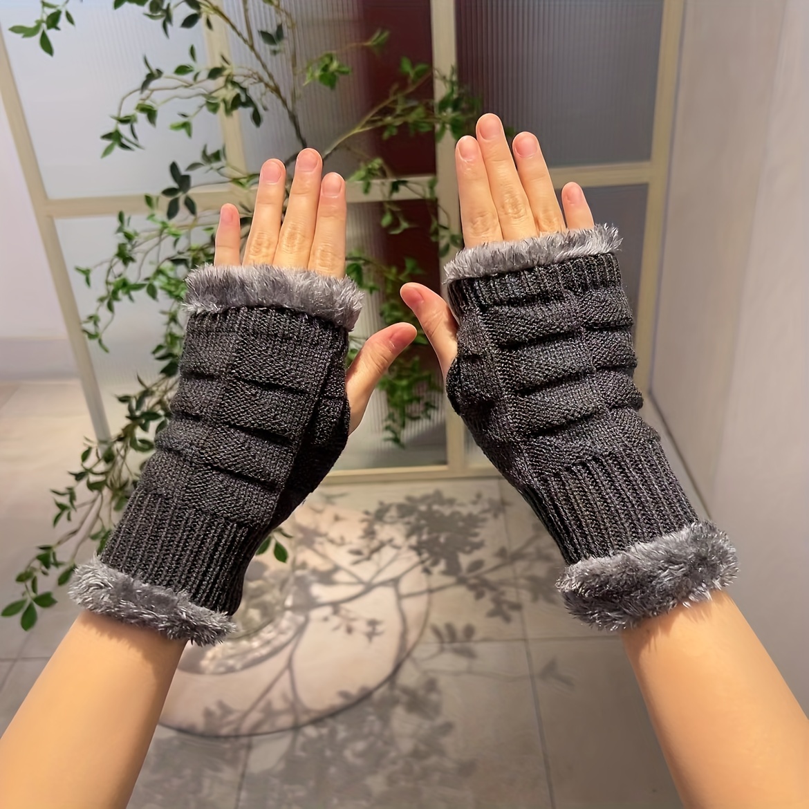 Plush Knit Fingerless Gloves Faux Fur Solid Half finger - Temu