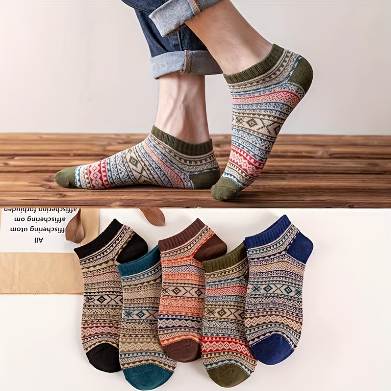 

5 Pairs Geometric Pattern Socks, Retro Ethnic Style Comfy Low Cut Ankle Socks, Women's Stockings & Hosiery