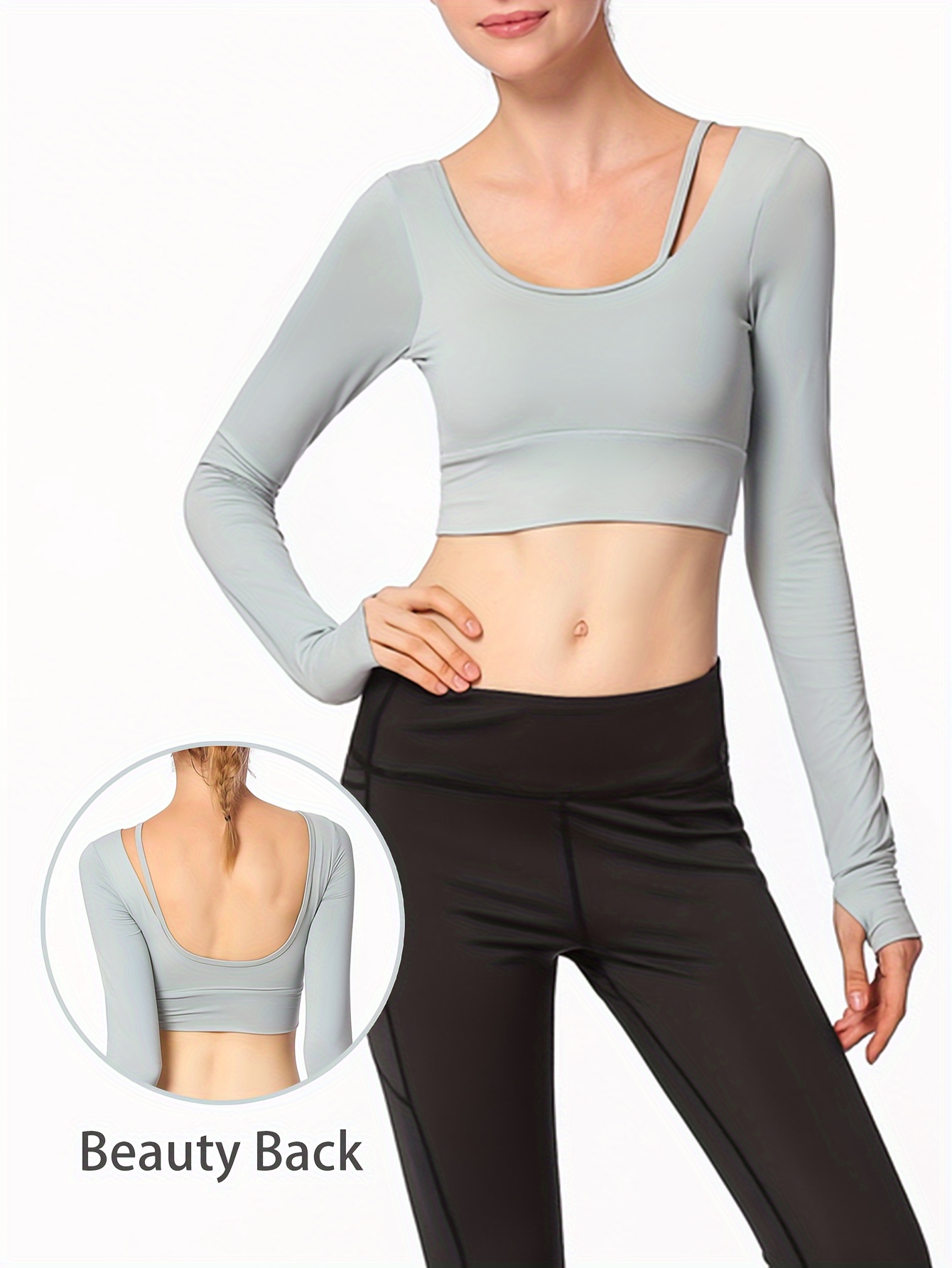 Solid Color Long Sleeve Short T shirt Sports Fitness Yoga - Temu Australia