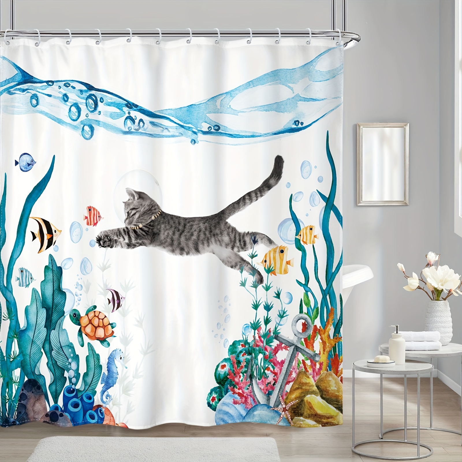 1pc Animal Diving Shower Curtain, Underwater Fish Shoal Water Plant Shower  Curtain, Cute Cat Dog Corgi Dive Fun Pattern Shower Curtain, Waterproof Bat
