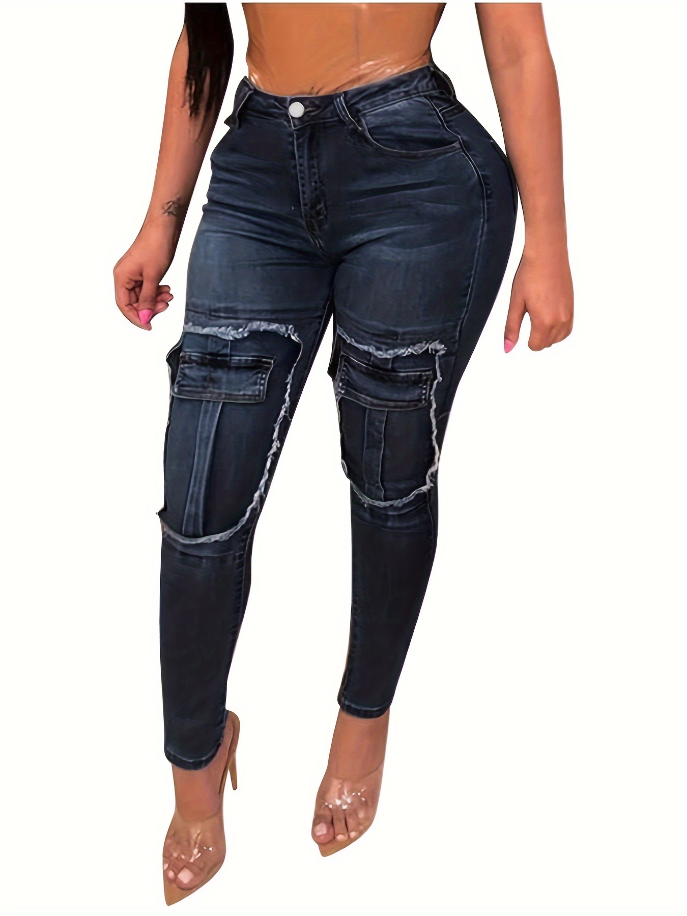 High Waist Skinny Jeans w/ Cargo Pockets - Plus Size