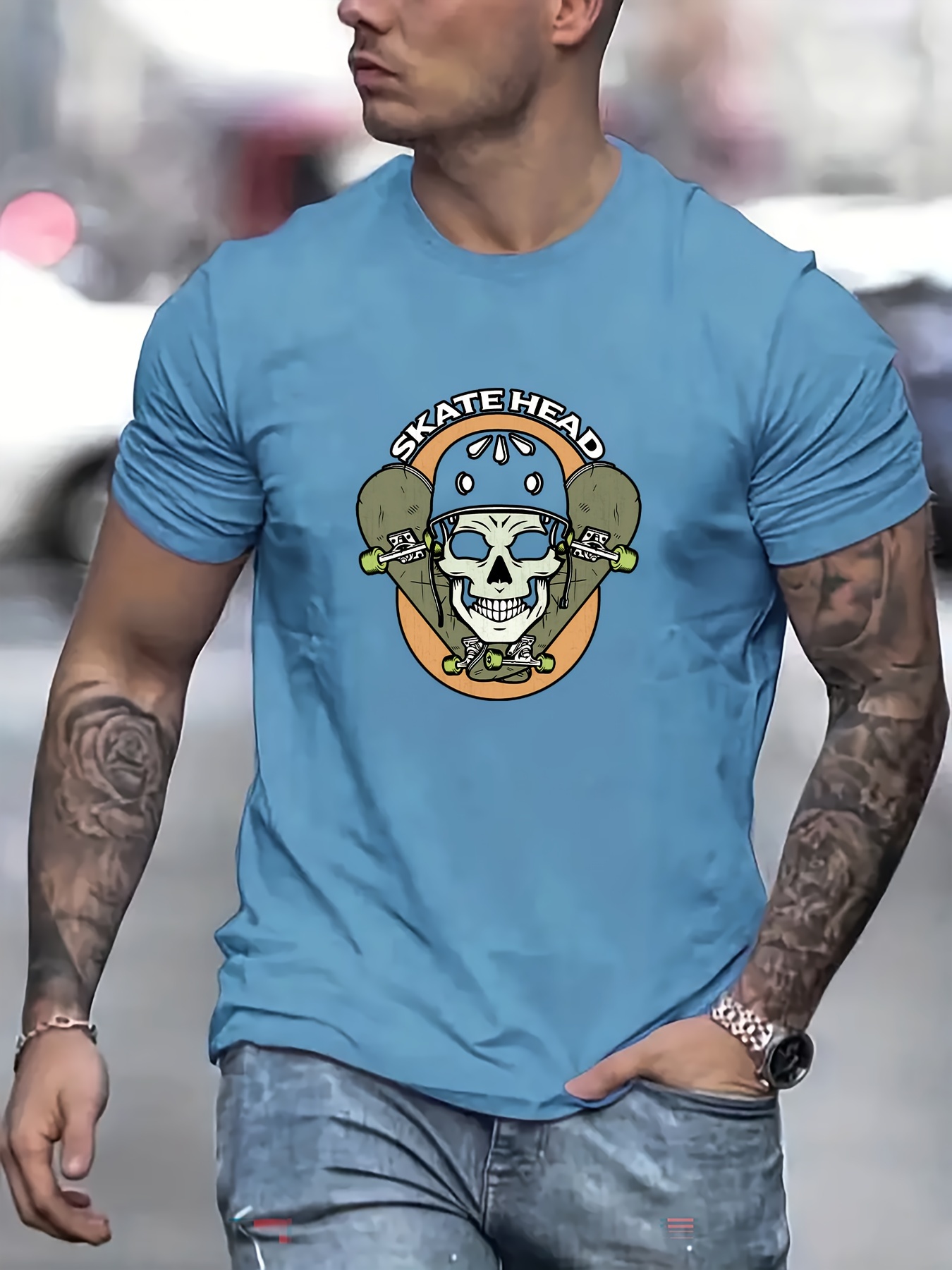 Skateboards Skull Print T Shirt Tees Men Casual Short Sleeve