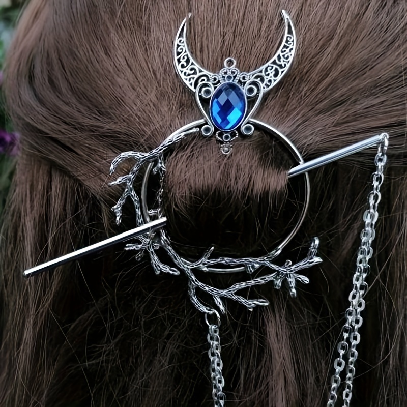 

Unique Witch Hair Stick Crescent Branch Viking Rhinestone Tassel Hair Stick Vintage Chopsticks Hair Accessories