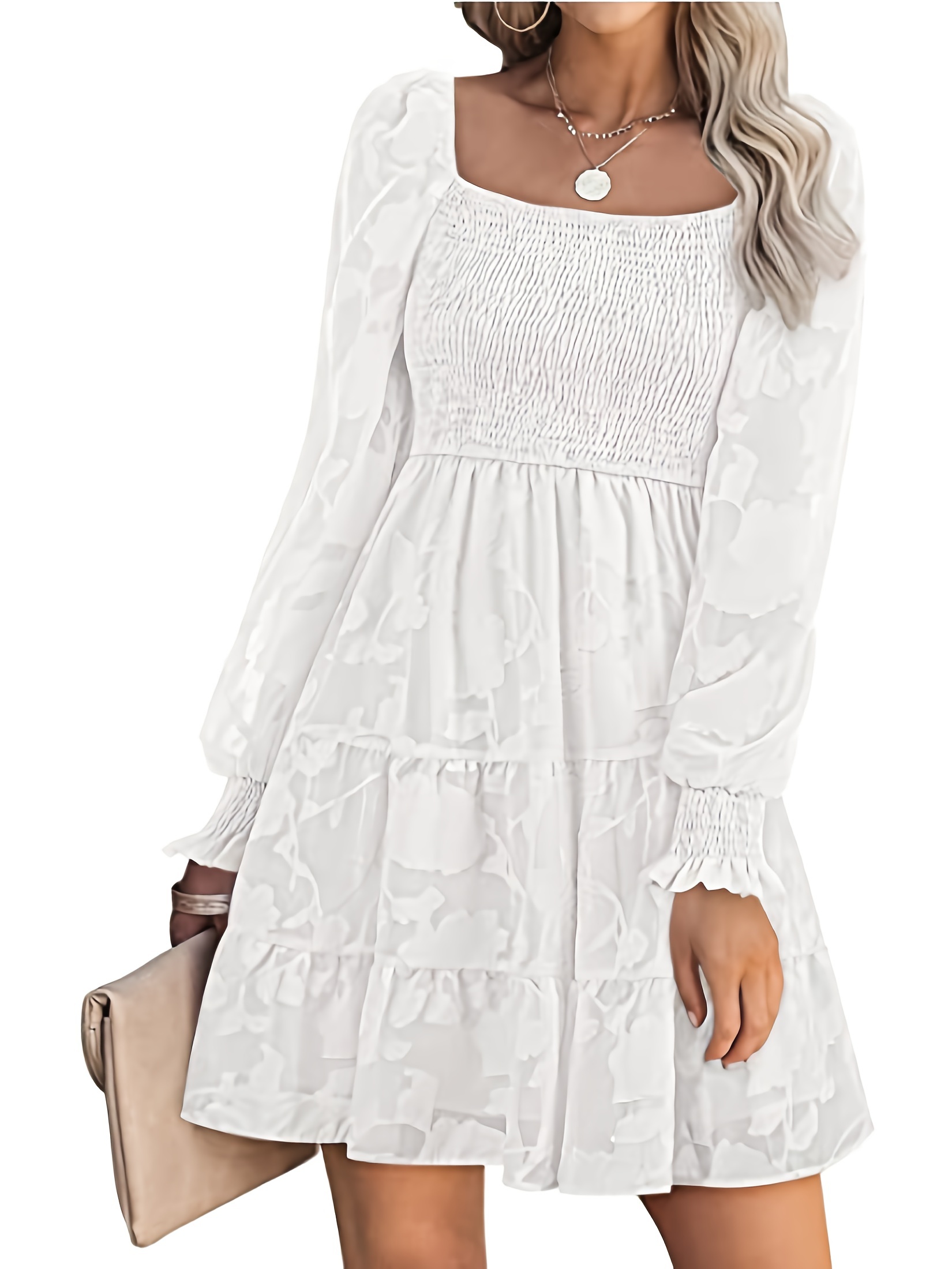 Elegant Ruffle Flowy Long Dress, Solid Long Lantern Sleeve Square Neck  Loose Waist Fashion Dresses, Women's Clothing