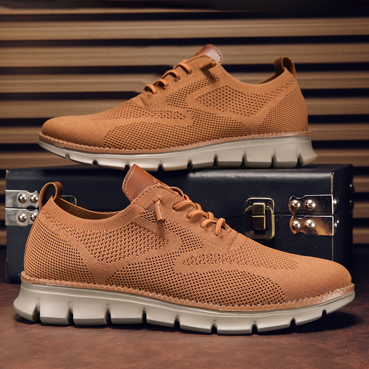 Men's PLUS SIZE Solid Woven Knit Casual Shoes, Breathable Anti-skid Lace-up Shoes For Outdoor Casual Daily