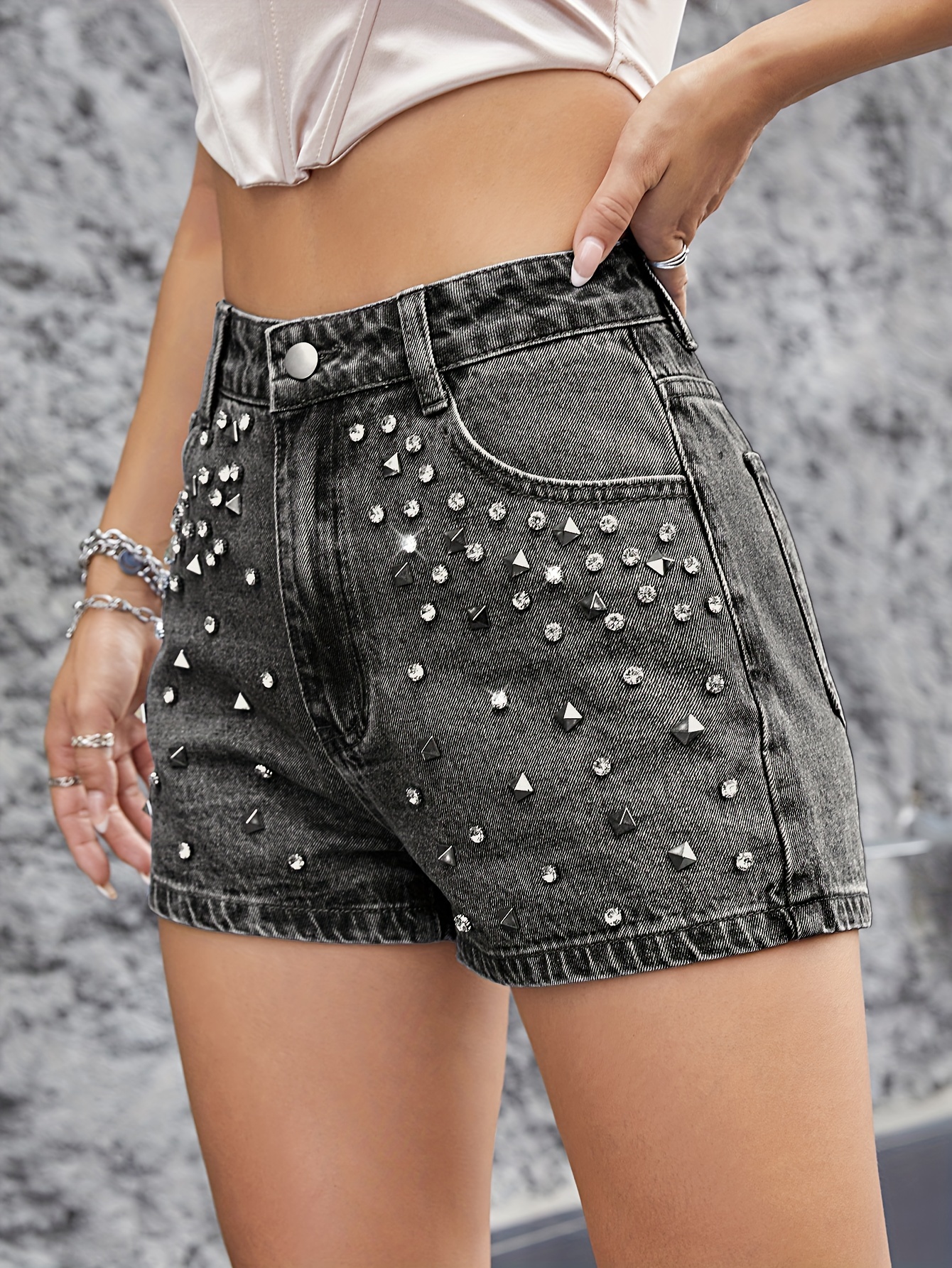 Shorts Mezclilla Remaches Diamantes Imitaci n Brillantes Temu Chile