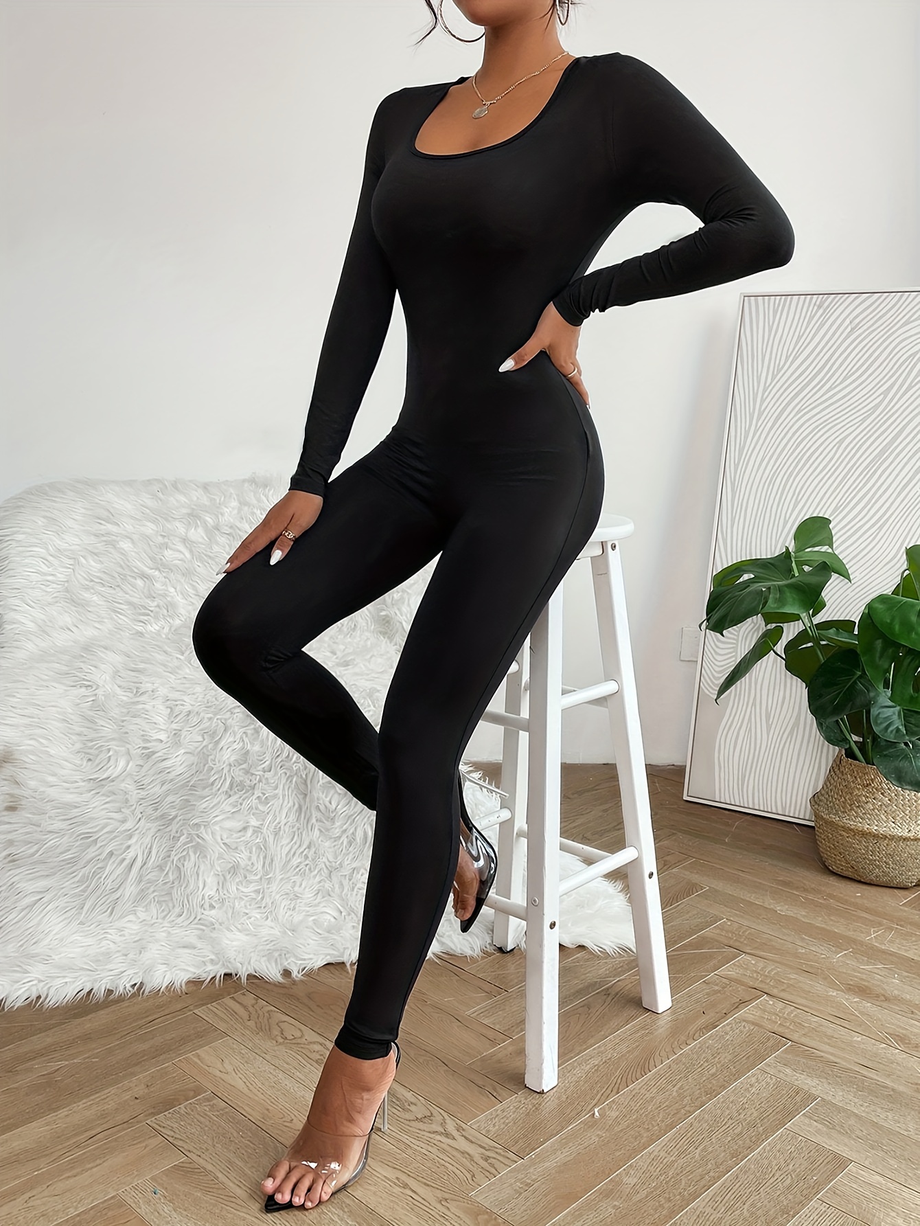 Women's Sexy Bodycon Zip Jumpsuit Solid Long Sleeve Stretchy - Temu