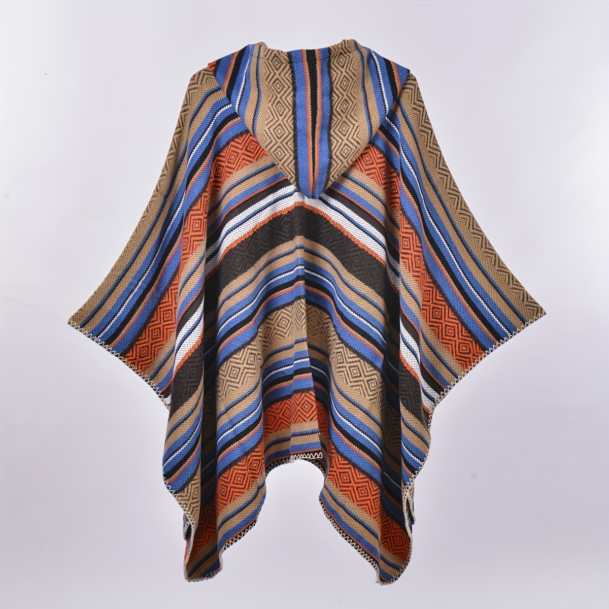 Vintage Block Hoodie Shawls Boho Geometric Jacquard Wrap Large Blanket Poncho