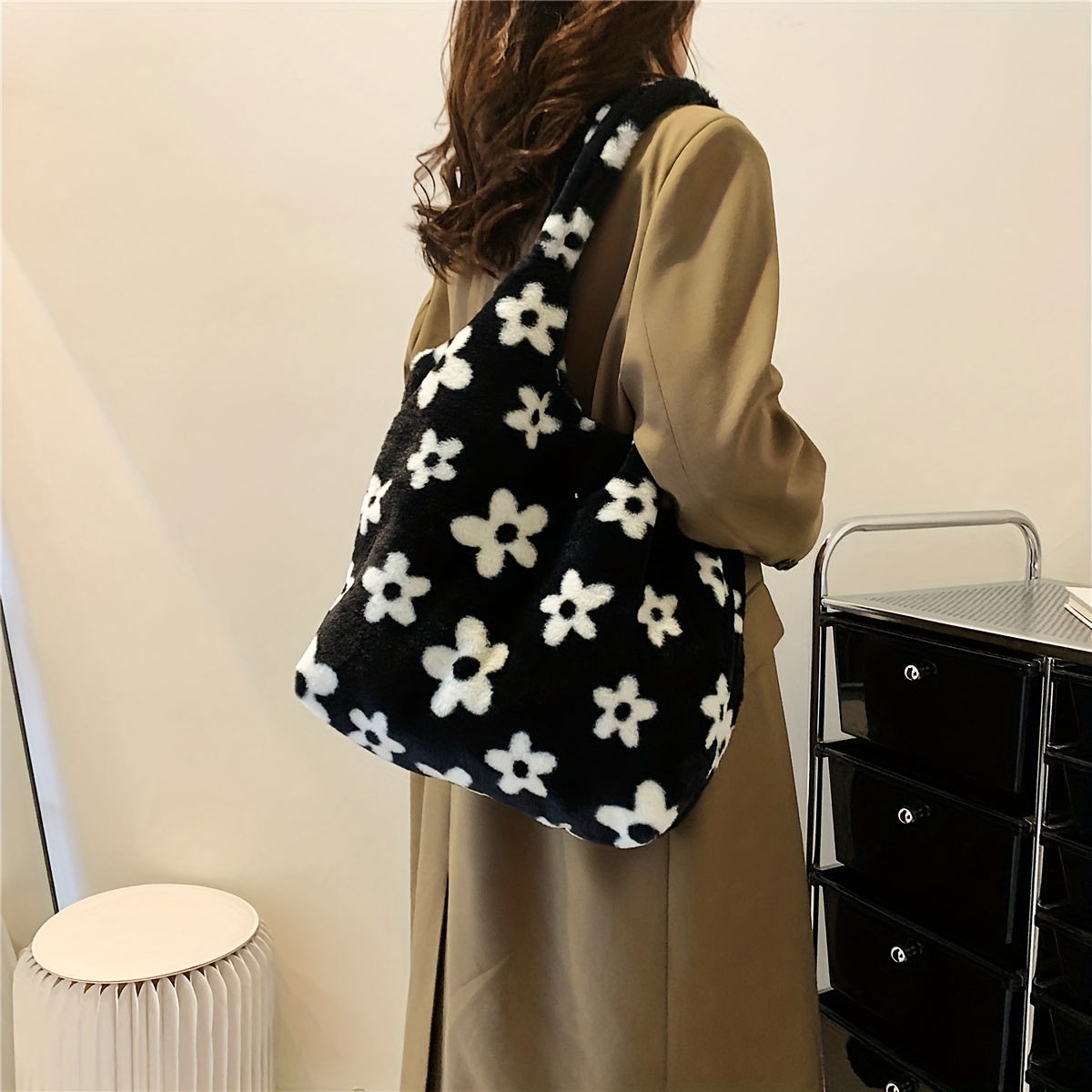 Flower Pattern Plush Tote Bag Colorblock Furry Shoulder Bag Temu