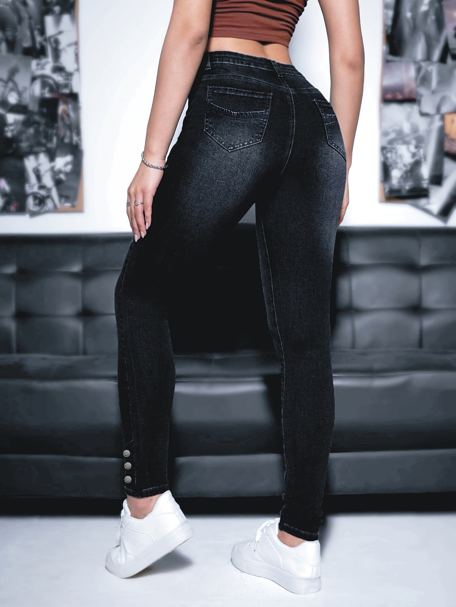 Black Ripped Holes Skinny Jeans, Slim Fit *-Stretch Side Single Breasted  Button Tight Jeans, Women's Denim Jeans & Clothing