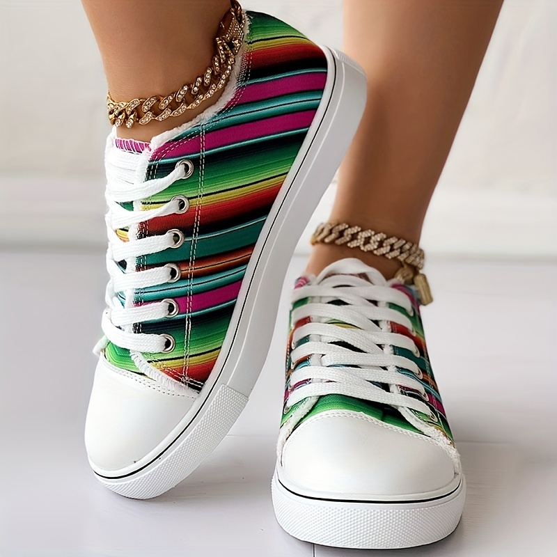 Colorful Strip Print Sneakers Low Top Lace Up Canvas Shoes