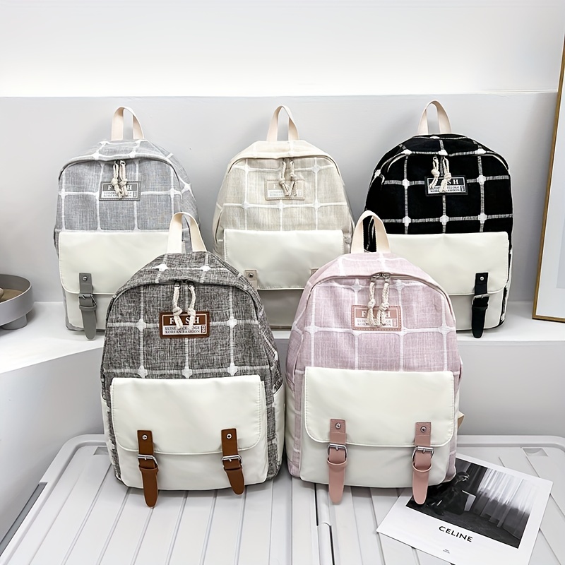New Four-piece Student Schoolbag Casual Travel Backpack Shoulder Backpack  Fashion Plaid Bag, No Hanging Ornaments - Temu