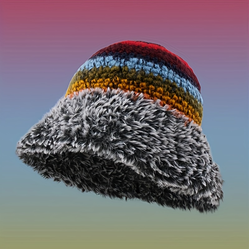 Vintage Plush Warm Bucket Hat Classic Striped Color Block - Temu