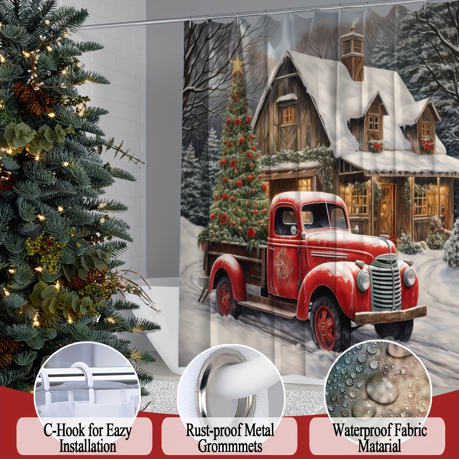Christmas Tree Farmhouse Red Truck Snowman Shower Curtain Set for Bathroom  Decor