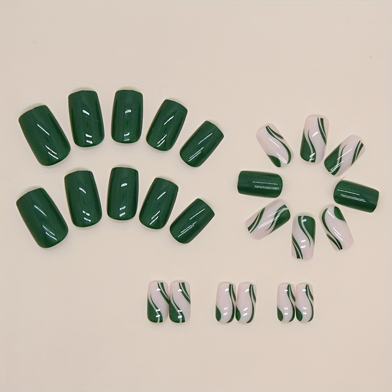 24pcs glossy medium square fake nails summer fresh green press on nails with wave stripe design minimalist style full cover false nails for women girls details 2