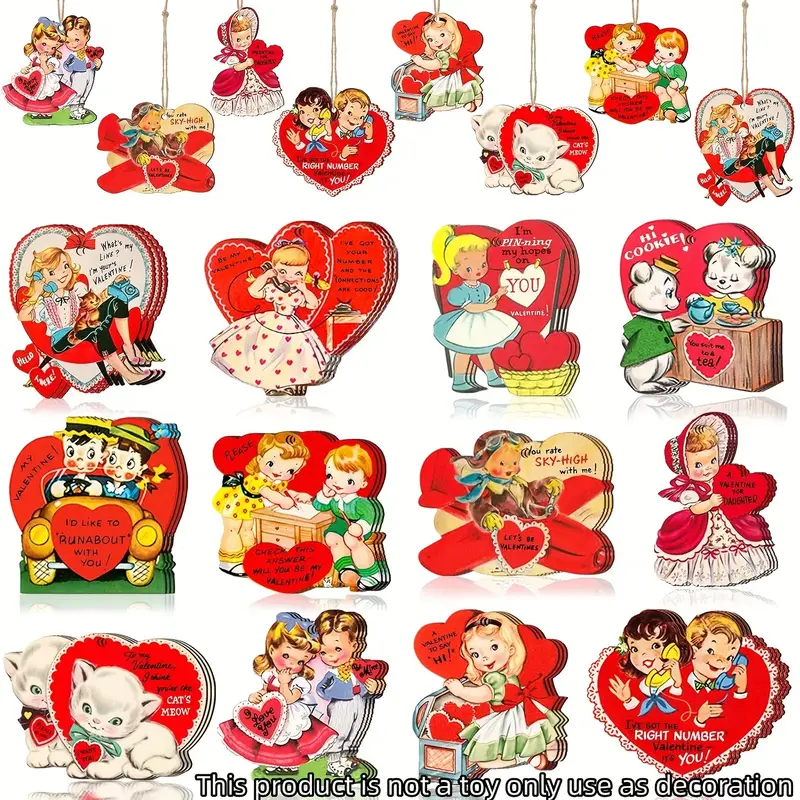 12pcs Vintage Valentines Ornaments For Valentine's Day Tree Decorations-  Wooden Hanging Heart Valentine's Ornaments For Tree Decor Valentines Party  Fa