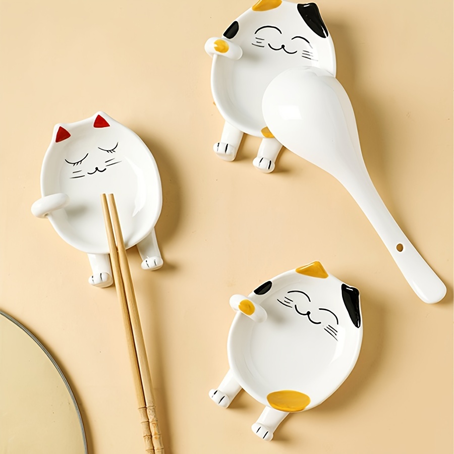 Cat Spoon Rest for Stove Top Ceramic Soup Spoon Holder for Kitchen Counter  and 4 Pieces Cat Shaped Ceramic Measuring Spoons