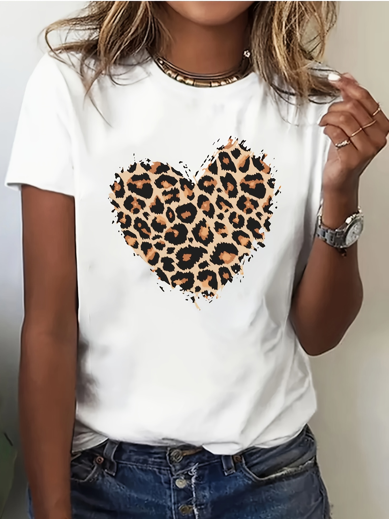 DanceeMangoo Womens Leopard Print Short Sleeve T-shirts Summer Thin  Turtleneck T-shirt Woman Casual Treetwear T Shirt Top Mujer