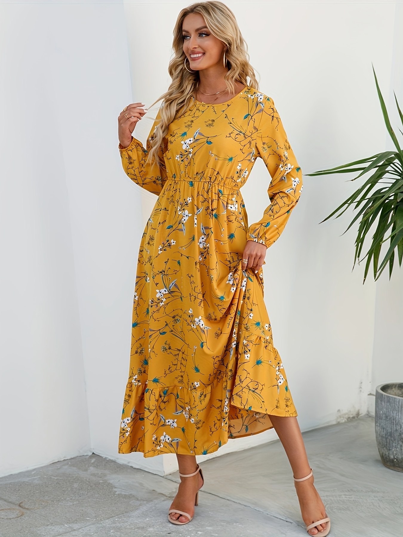 ditsy floral print dress vacation crew neck long sleeve maxi dress womens clothing