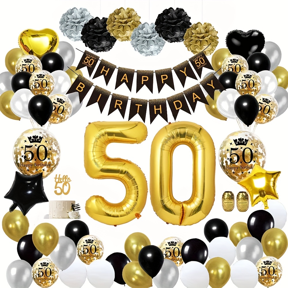 Set Décorations Pour Le 50e Anniversaire Noir Et Or Ballons - Temu