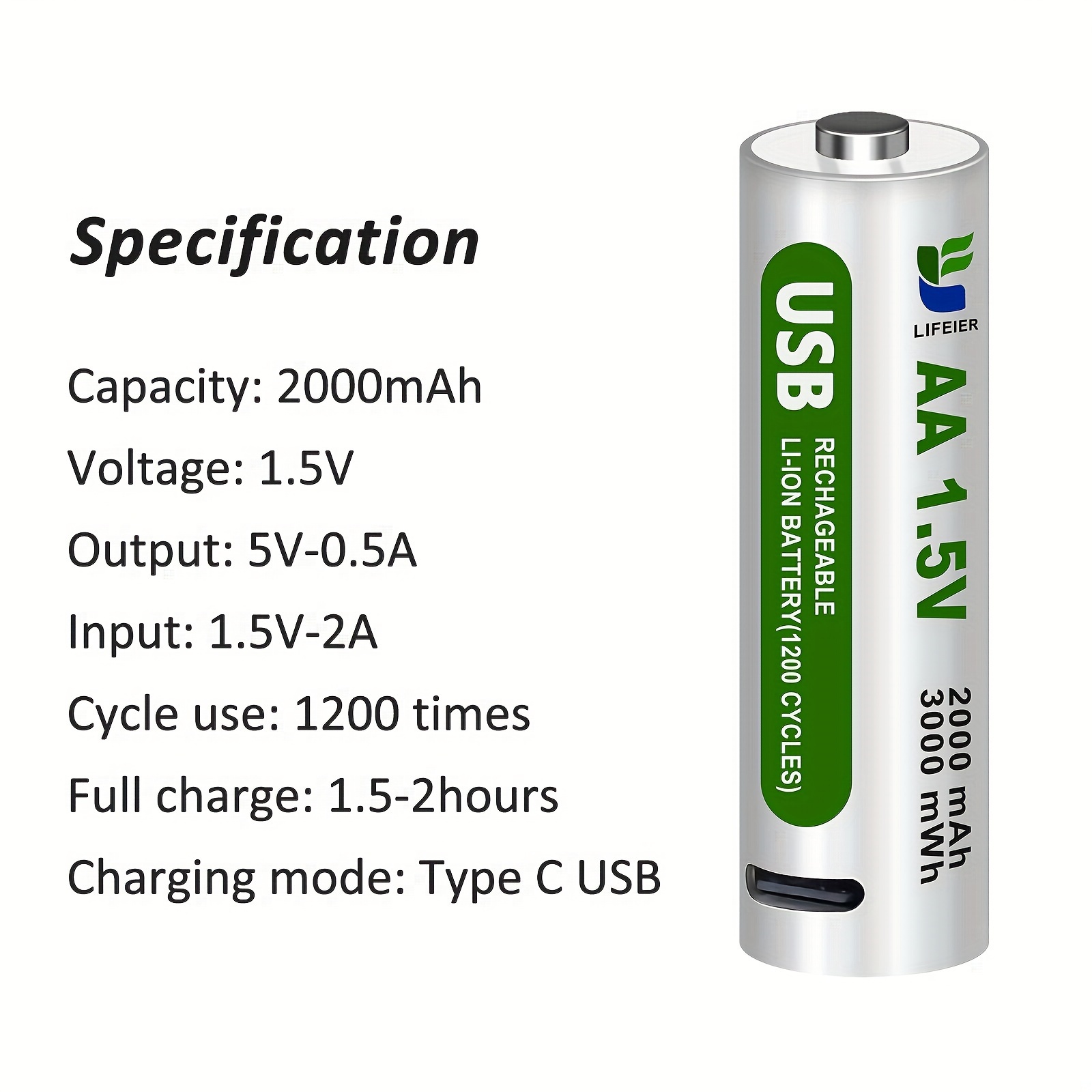 USB Rechargeable AA Battery Batteries | 1450 mAh | Quick Charge (2 Pack)
