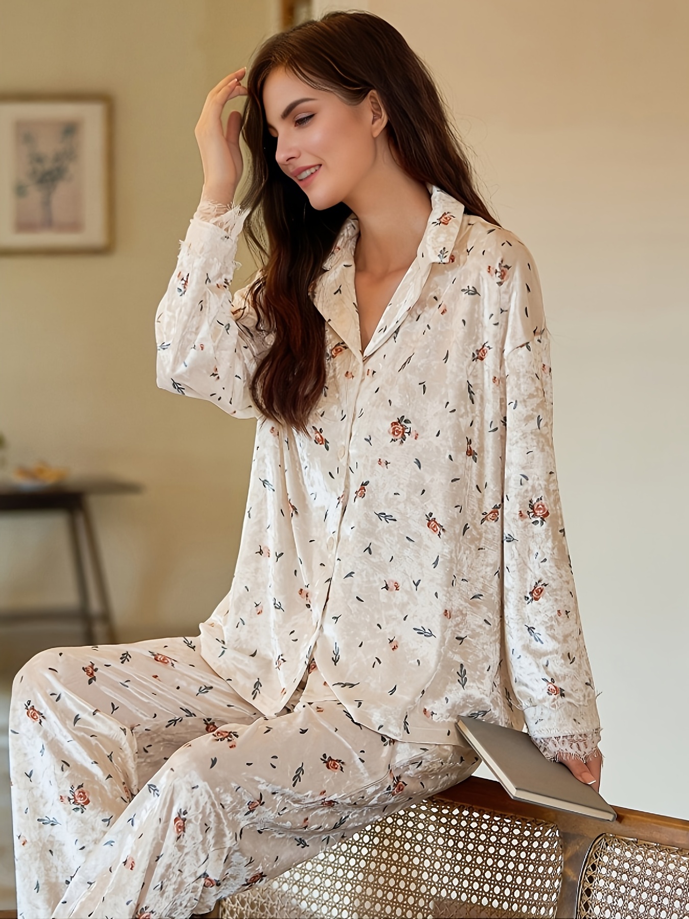 Sweet Velvet Floral Pattern Loungewear Lace Trim Blouse - Temu